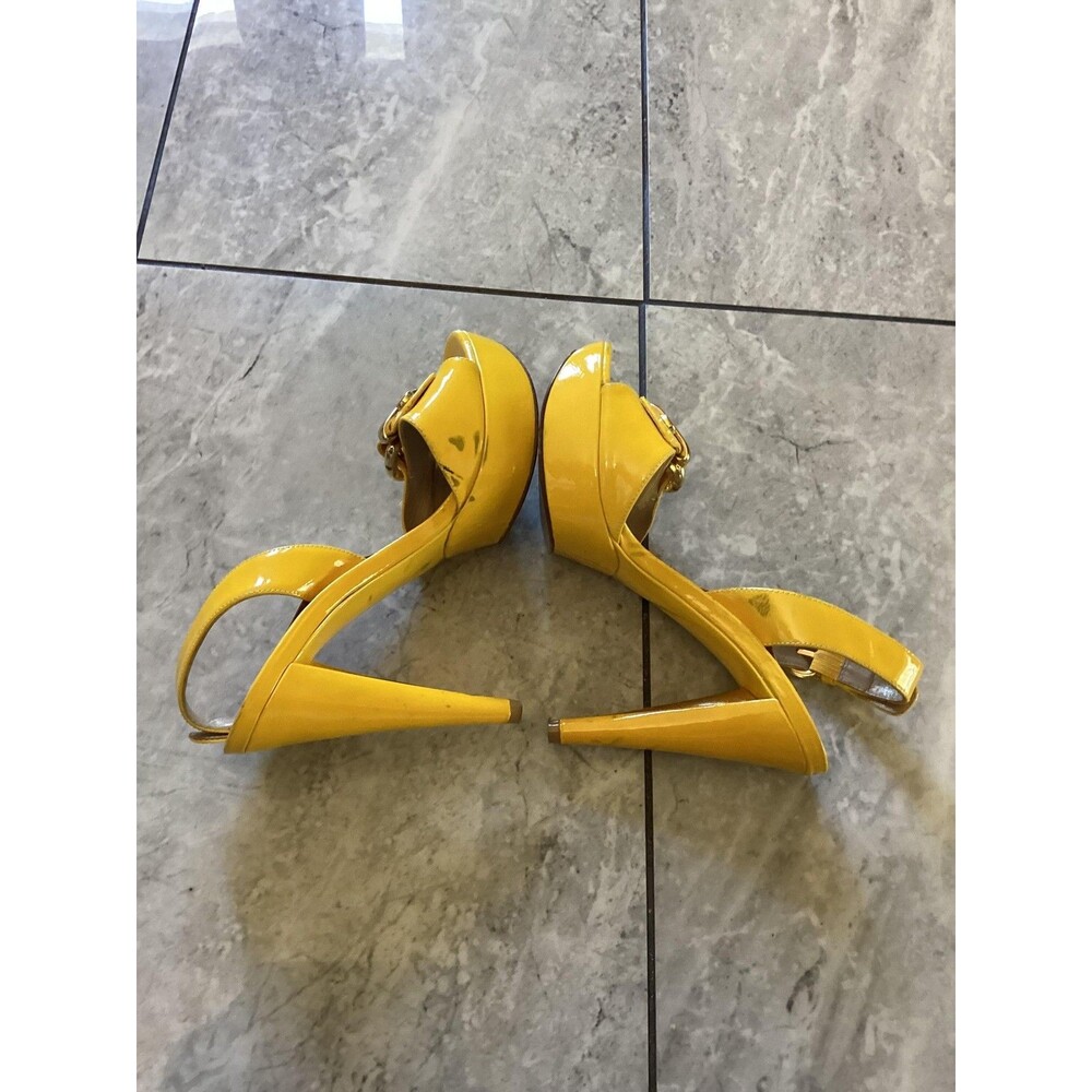 Stuart Weitzman Shoes Y2K Womens Sz 7 Yellow Patent Slingback Platform Peep Toe - Picture 5 of 8